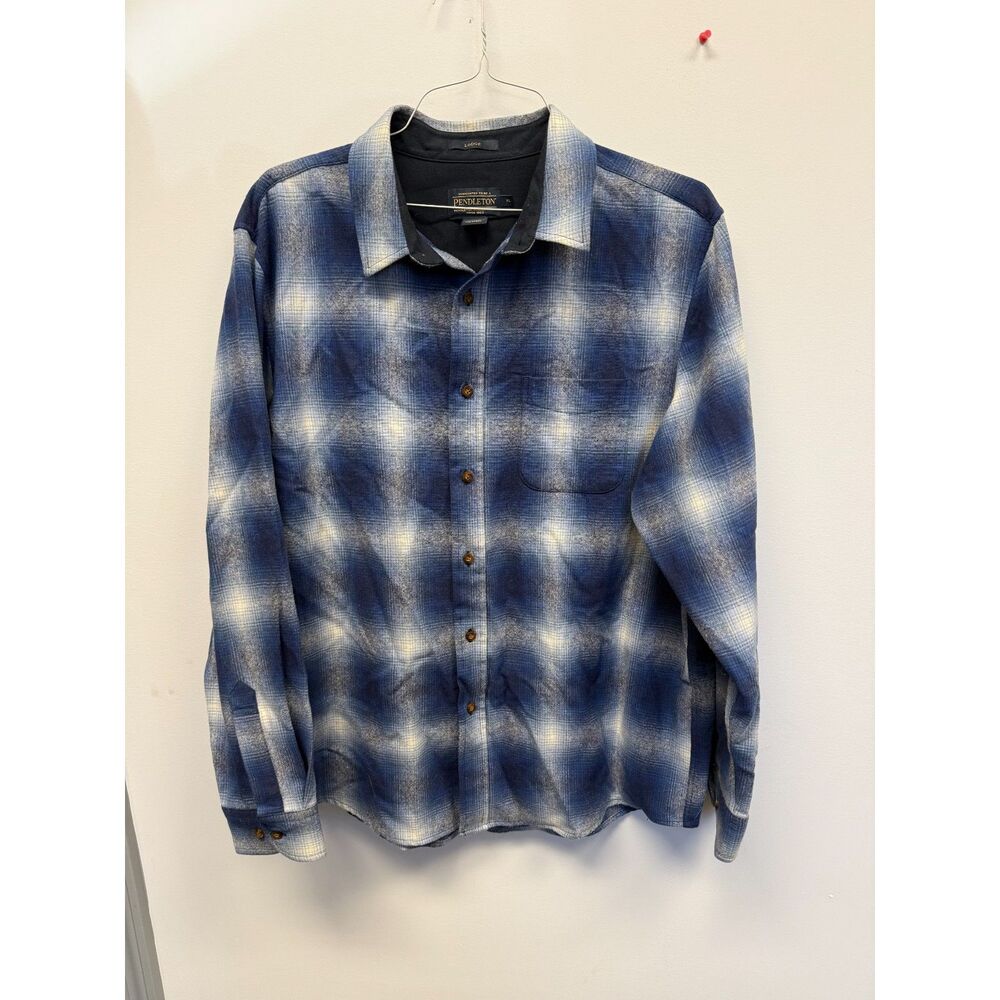 Pendleton Lodge Mens XL Wool Flannel Shirt Blue Ombre Plaid Button Up Board